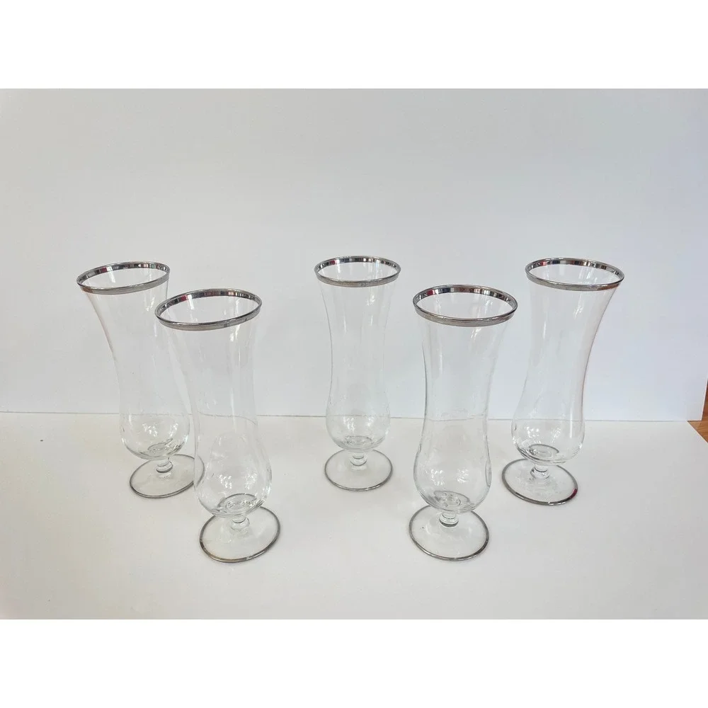 Vintage Hurricane Champagne Cocktail Glass Silver Rim Stemmed Barware Set of 5